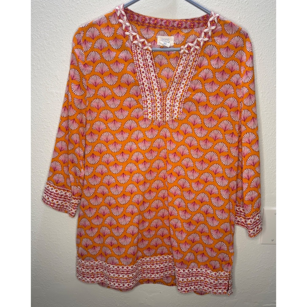 Sigrid Olsen Womens M Orange Pink Seashell Embroidered Cotton Tunic Top Boho